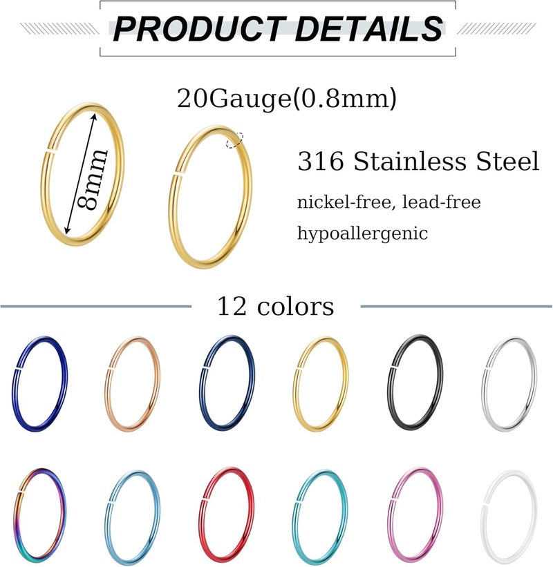 NICEIGHT 18G 20G 22G Stainless Steel Nose Rings Hoops for Women Men Cartilage Helix Earring Hoops Lip Rings Nose Piercing Jewelry - Image 4